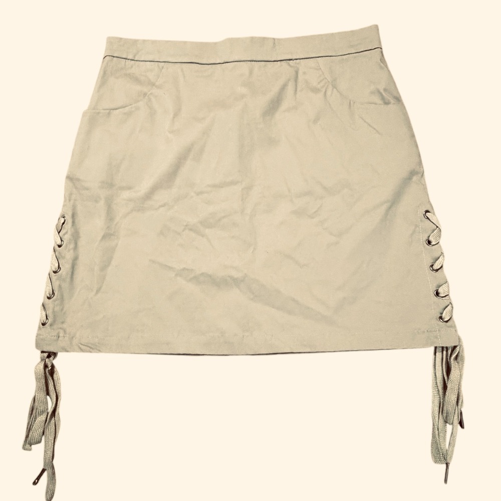 Newbury Kustom USA Khaki Tan Lace Up Side Mini Skirt NKS2026 Womens Large